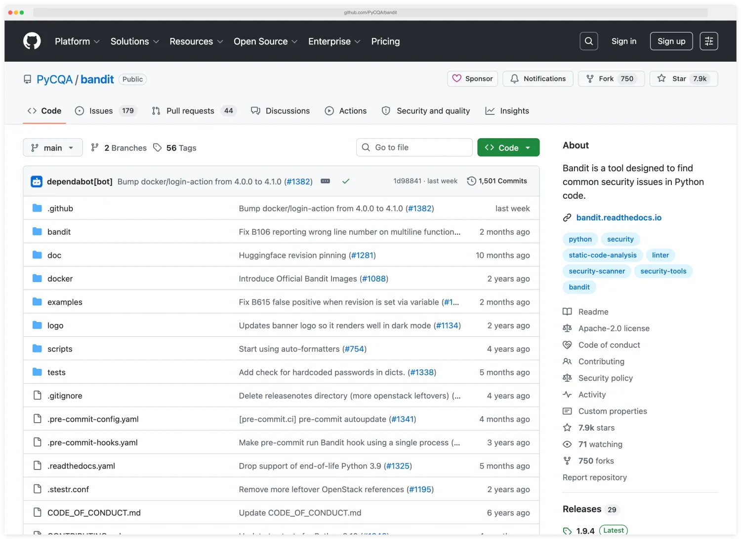 PyCQA/bandit GitHub repository file tree with directories for bandit, doc, examples, tests, and configuration files such as pre-commit hooks and tox config