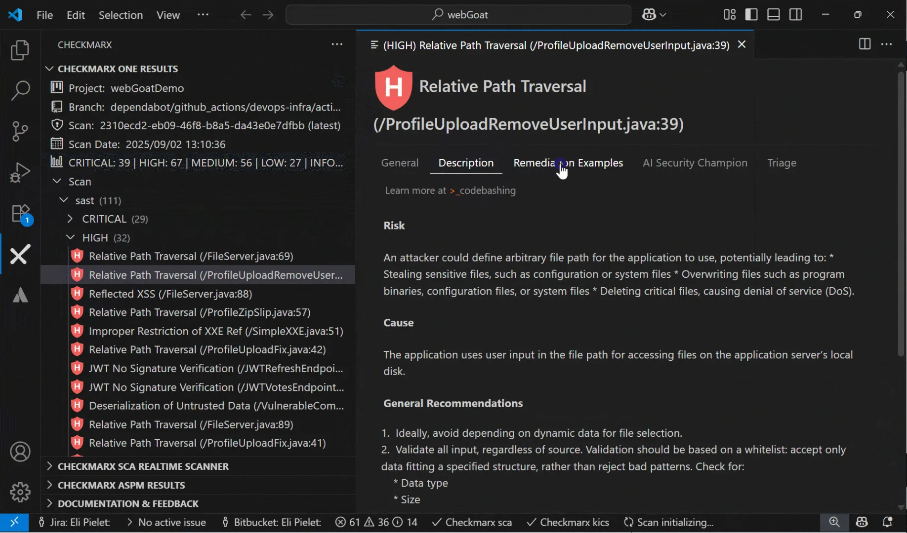 Checkmarx One VS Code extension showing SAST scan results for a Relative Path Traversal vulnerability with risk description, cause analysis, and remediation recommendations