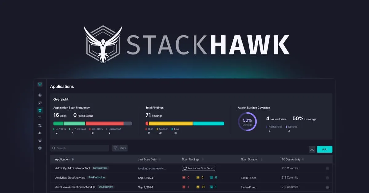 StackHawk applications dashboard showing oversight metrics, scan frequency, total findings, and attack surface coverage