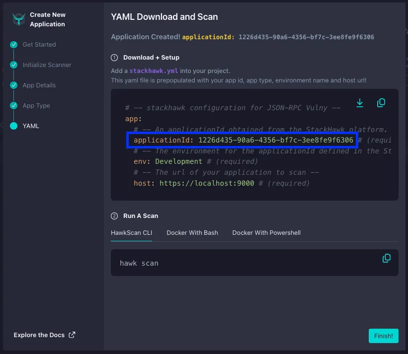 StackHawk YAML configuration wizard showing stackhawk.yml setup with application ID, environment, and scan target URL