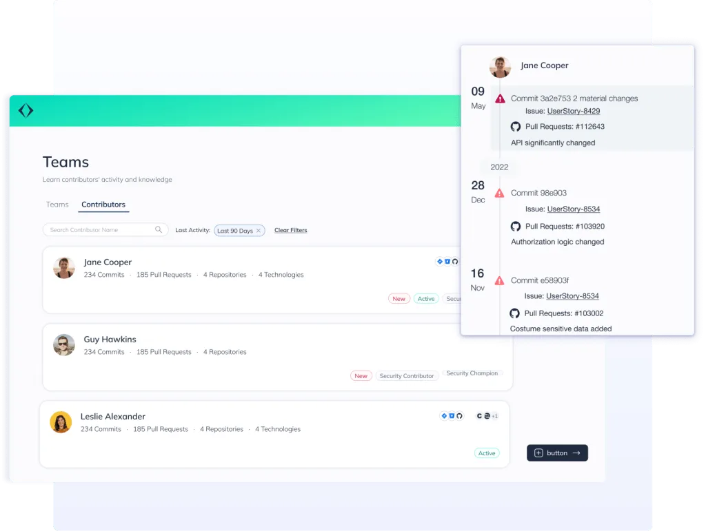 Apiiro developer behavior analysis showing contributor activity, material code changes, and commit-level risk alerts in pull requests