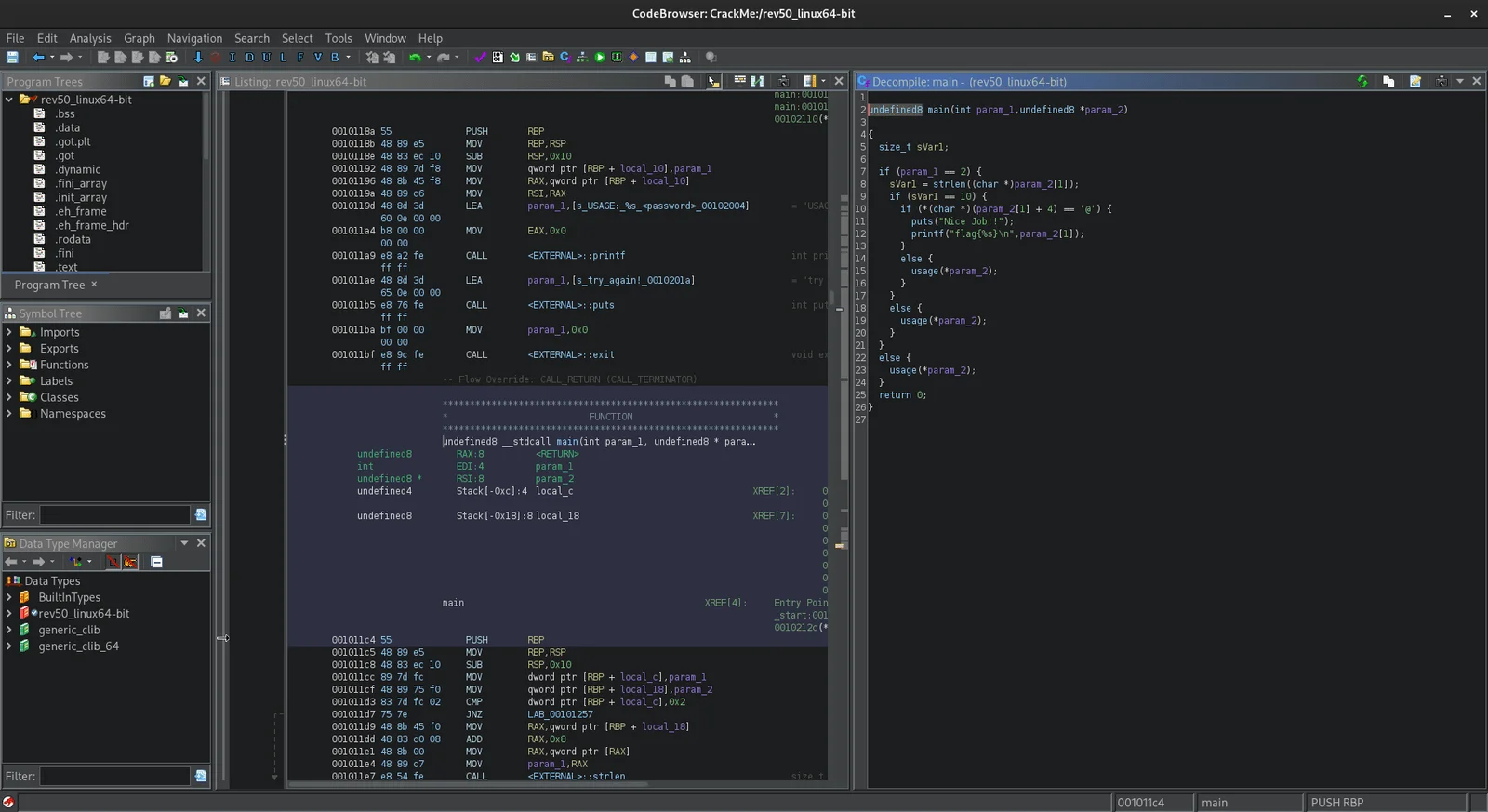 Ghidra Code Browser with side-by-side disassembly listing and decompiler output showing C-like pseudocode, with Program Tree, Symbol Tree, and Data Type Manager panels