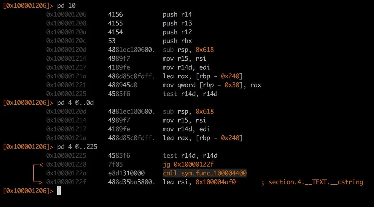 radare2 CLI disassembly output showing x86-64 assembly instructions with color-coded operands, memory addresses, and interactive command prompt
