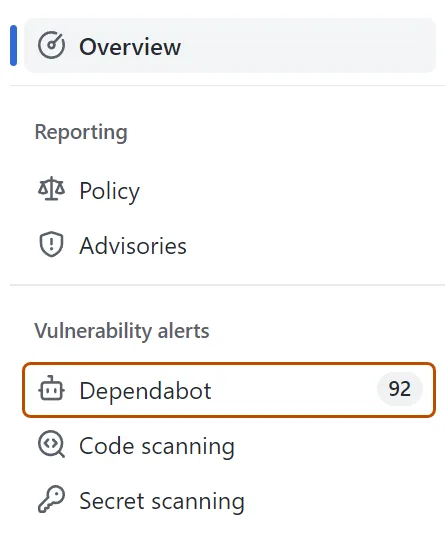 GitHub Dependabot alerts tab showing the security alerts list with severity indicators