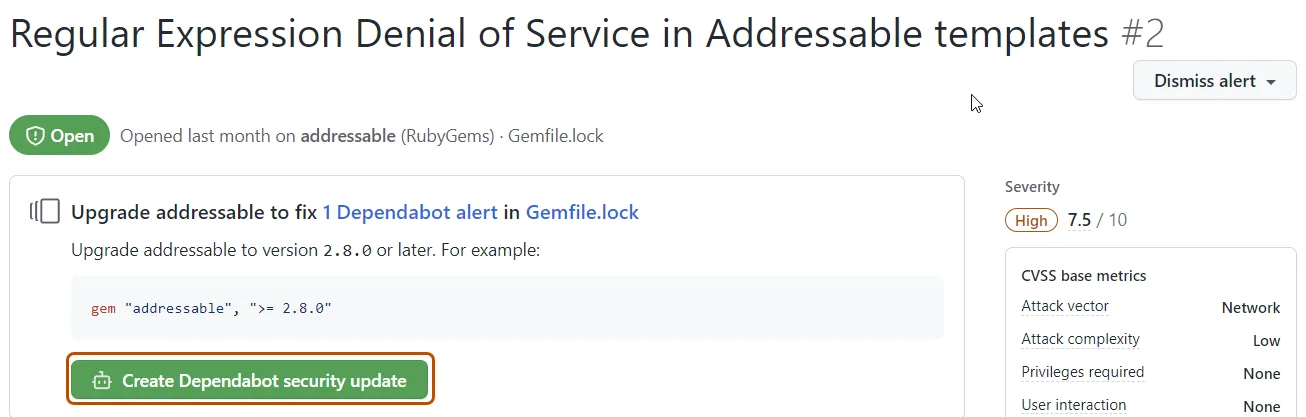 GitHub Dependabot security update pull request with vulnerability details and remediation options
