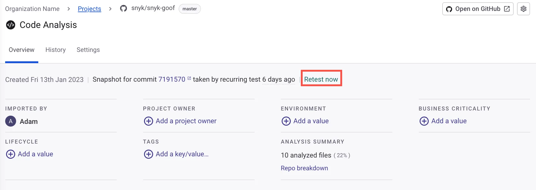 Snyk Code scan results showing vulnerability analysis with retest and remediation options
