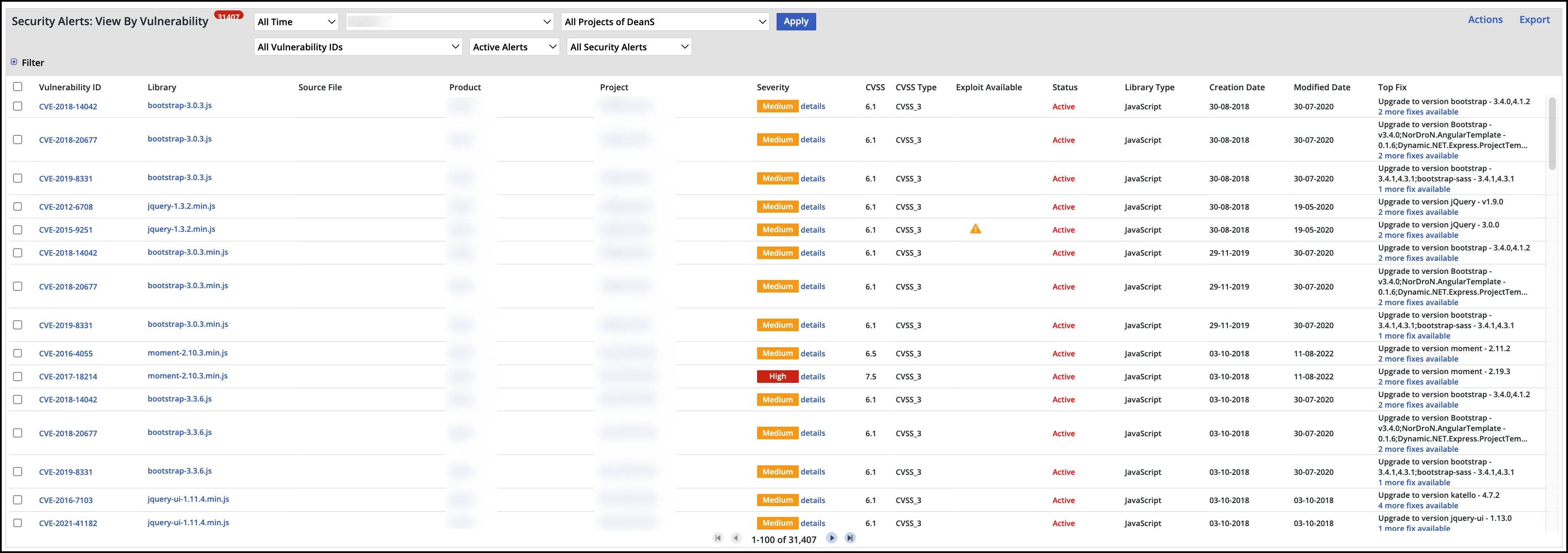 Mend SCA security alerts view showing vulnerability details with severity levels, CVSS scores, and affected libraries