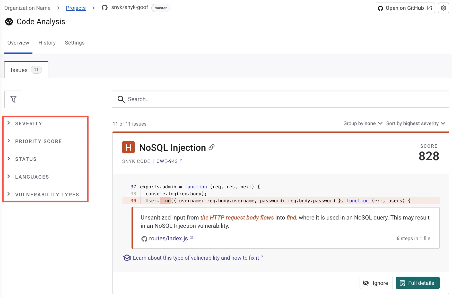 Snyk Code vulnerability findings panel showing a NoSQL Injection finding with severity filters, priority score, and inline code context