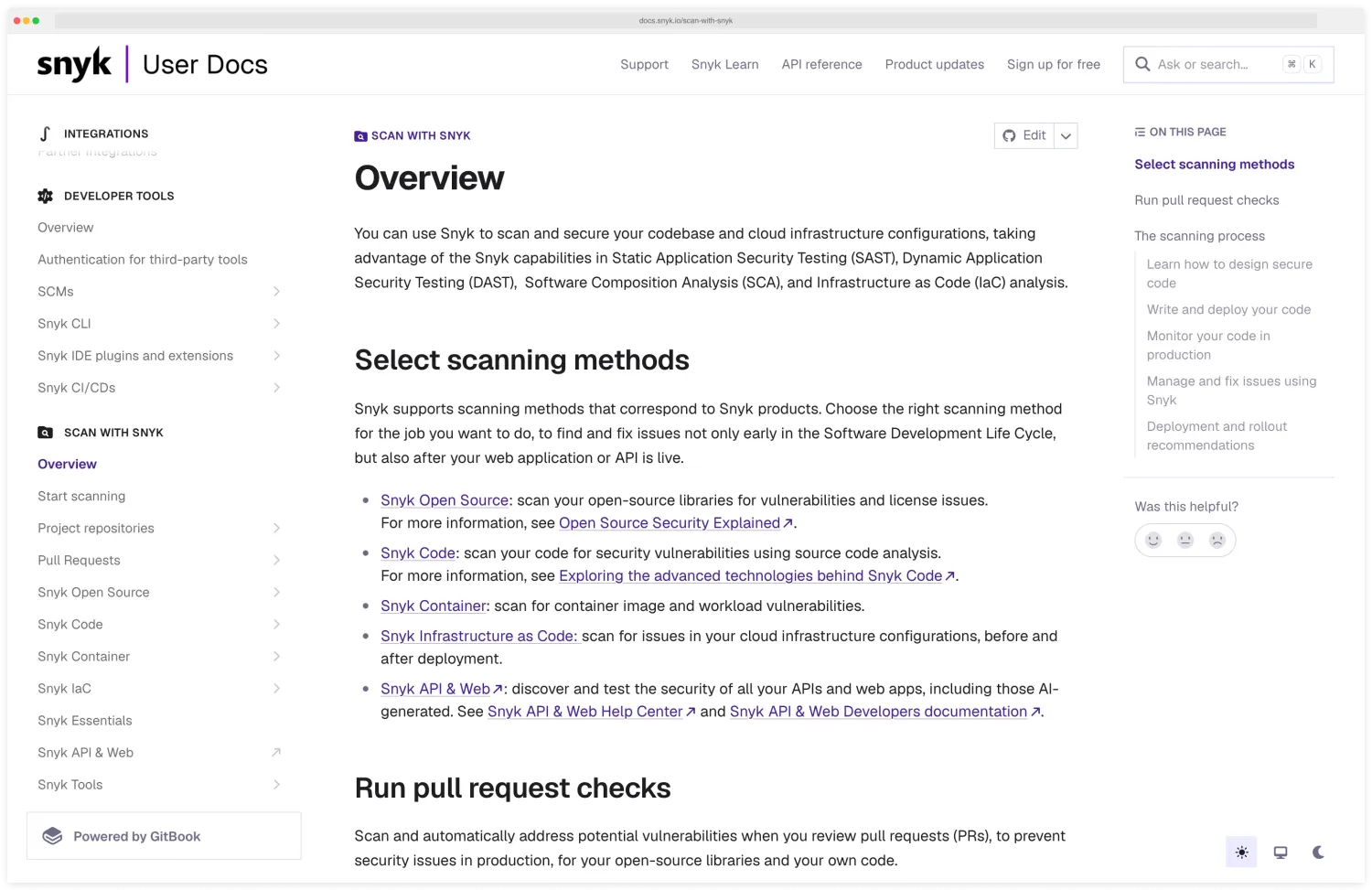 Snyk User Docs page titled &ldquo;Select scanning methods&rdquo; listing Snyk Open Source, Snyk Code, Snyk Infrastructure as Code, Snyk Container, and Snyk API & Web as separate products