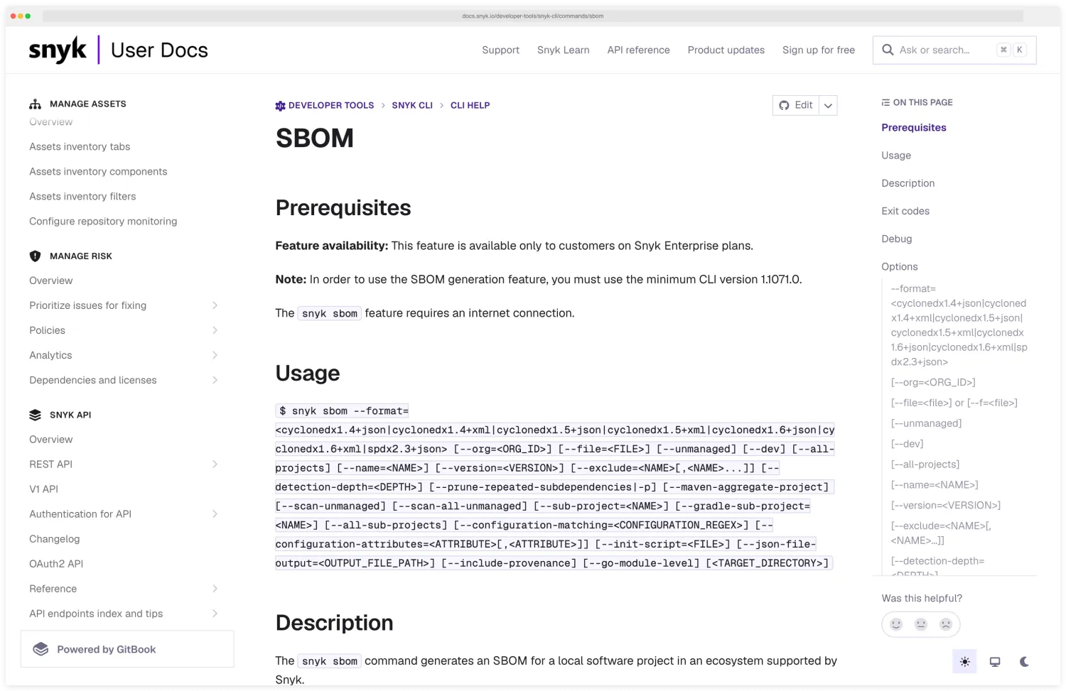 Snyk User Docs page for the snyk sbom CLI command showing the &ndash;format flag with options including cyclonedx1.4+json, cyclonedx1.5+xml, cyclonedx1.6+json, and spdx2.3+json