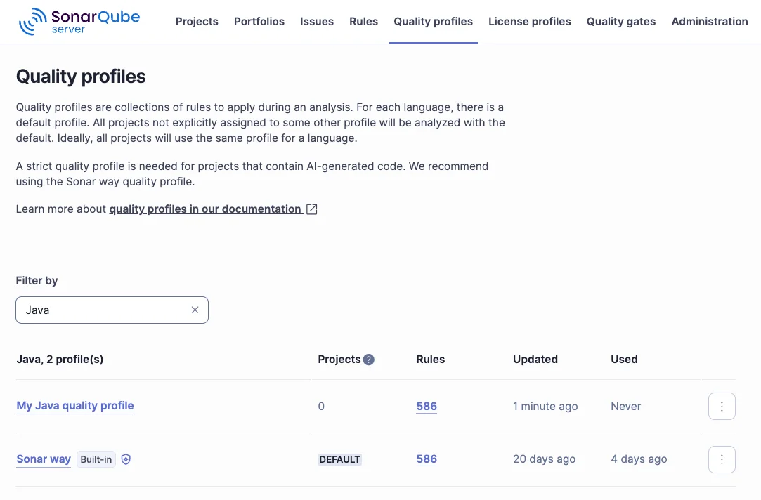 SonarQube Quality profiles page filtered to Java showing two profiles side-by-side: a custom &ldquo;My Java quality profile&rdquo; with 586 rules and the built-in default &ldquo;Sonar way&rdquo; profile also with 586 rules, plus columns for Projects, Updated, and Used