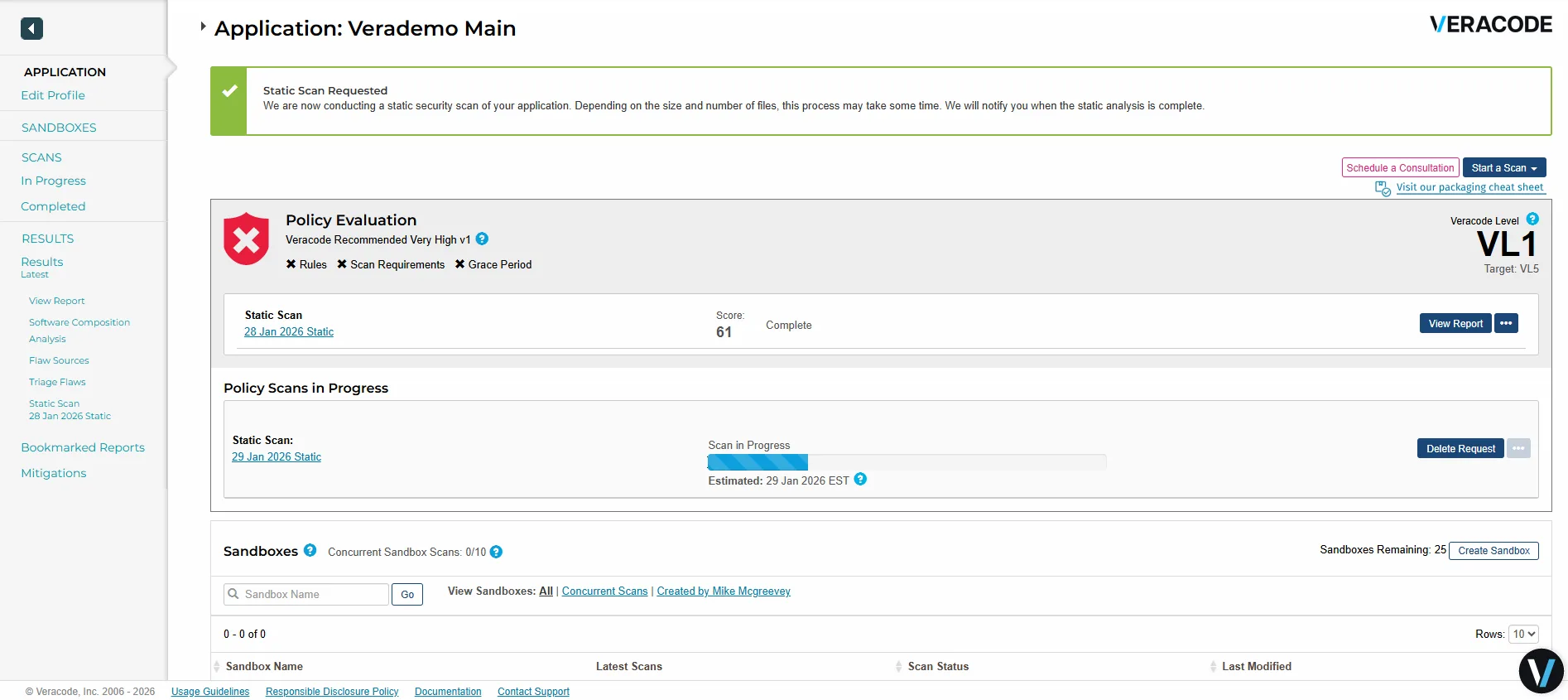 Veracode platform application view showing policy evaluation, scan progress, Veracode Level rating, and sandbox management