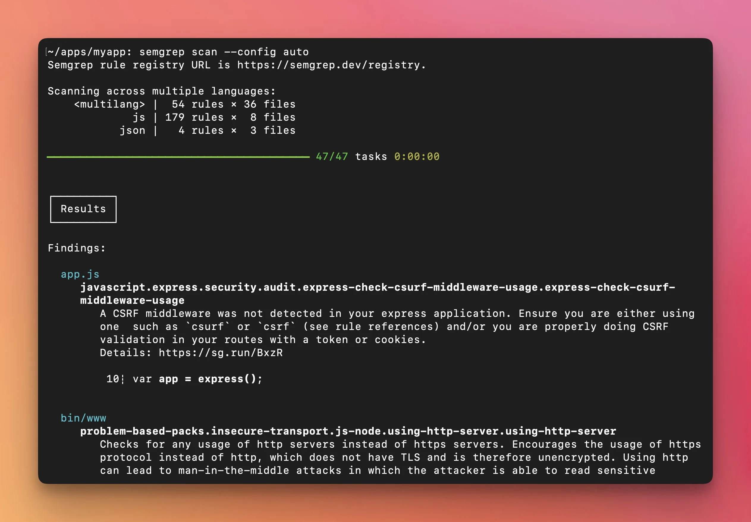 Semgrep CLI scan output showing multi-language scanning with rule matching, progress bar, and security findings with remediation details