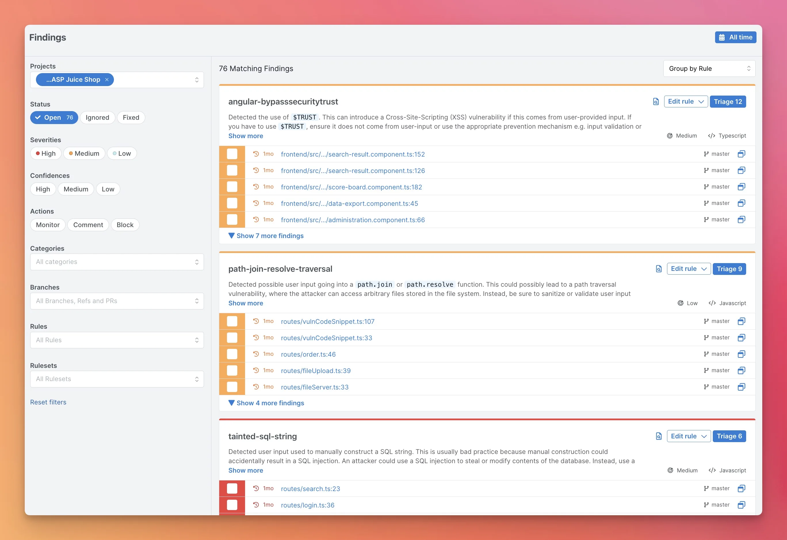 Semgrep AppSec Platform findings dashboard showing 76 matching findings grouped by rule with severity levels, file locations, and triage options