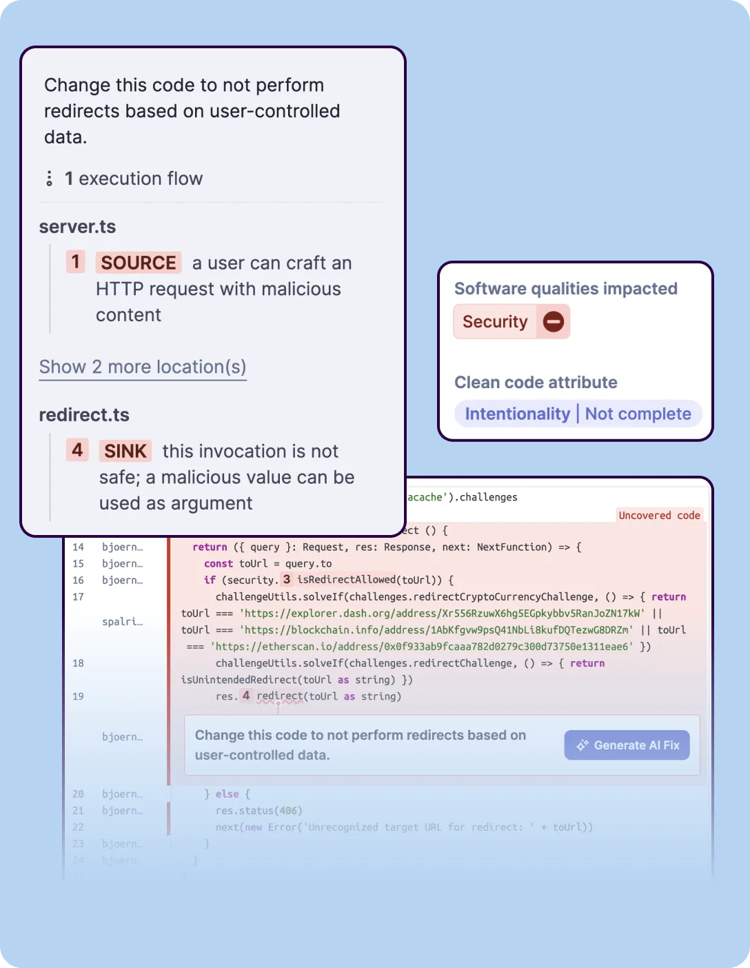 SonarQube SAST findings showing source-to-sink taint analysis with execution flow and code context
