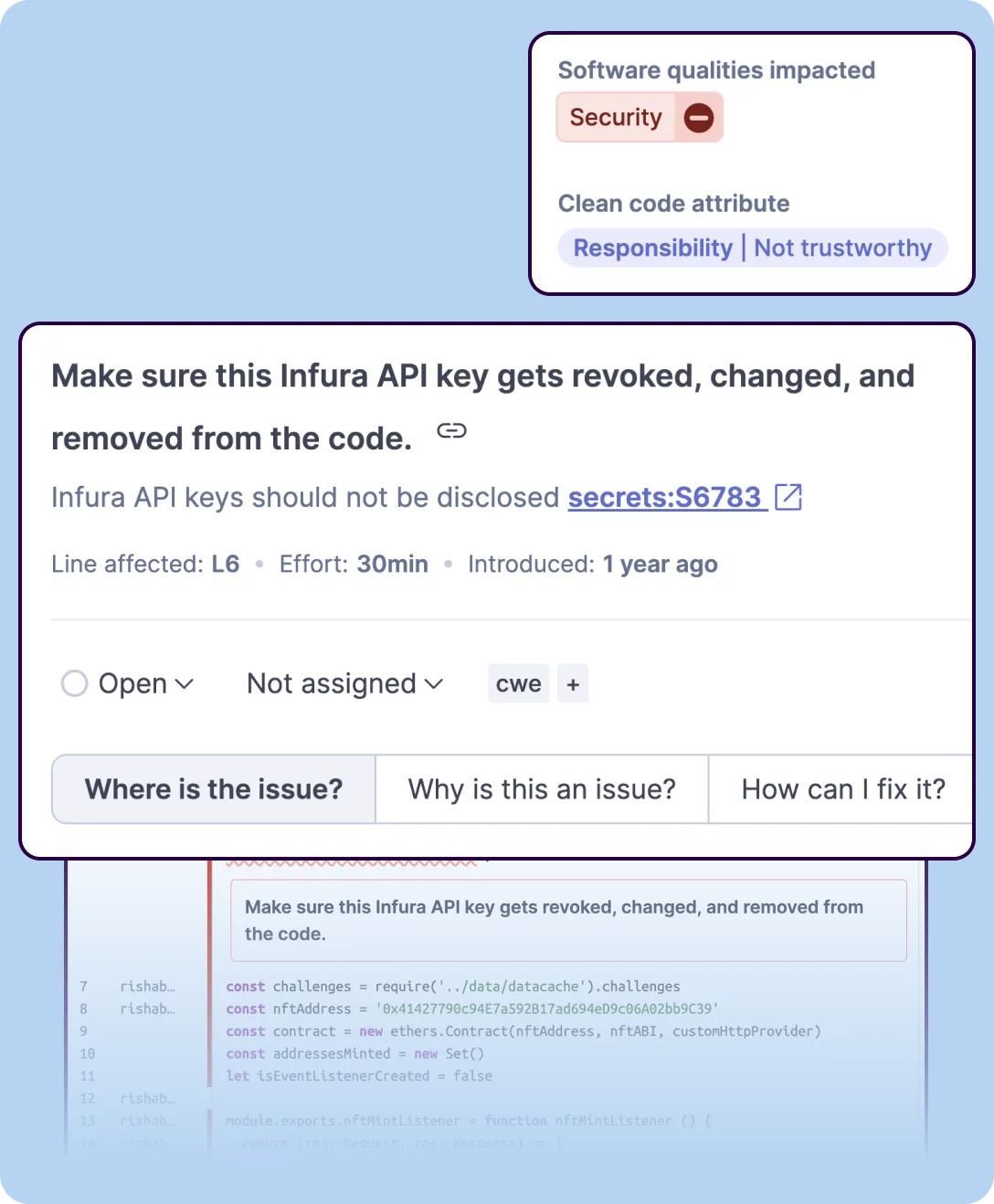 SonarQube secrets detection identifying hardcoded credentials with inline code context and remediation guidance