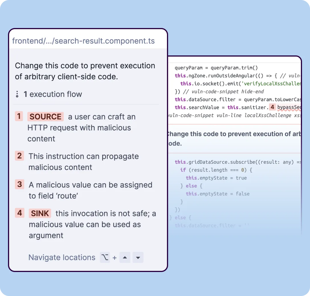 SonarQube taint analysis tracing cross-file data flow from user-controlled source to unsafe sink