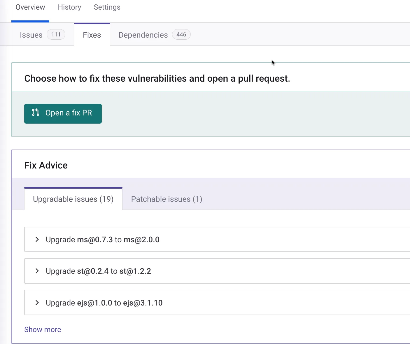 Snyk fix advice panel showing upgradable and patchable issues with one-click Open a fix PR button