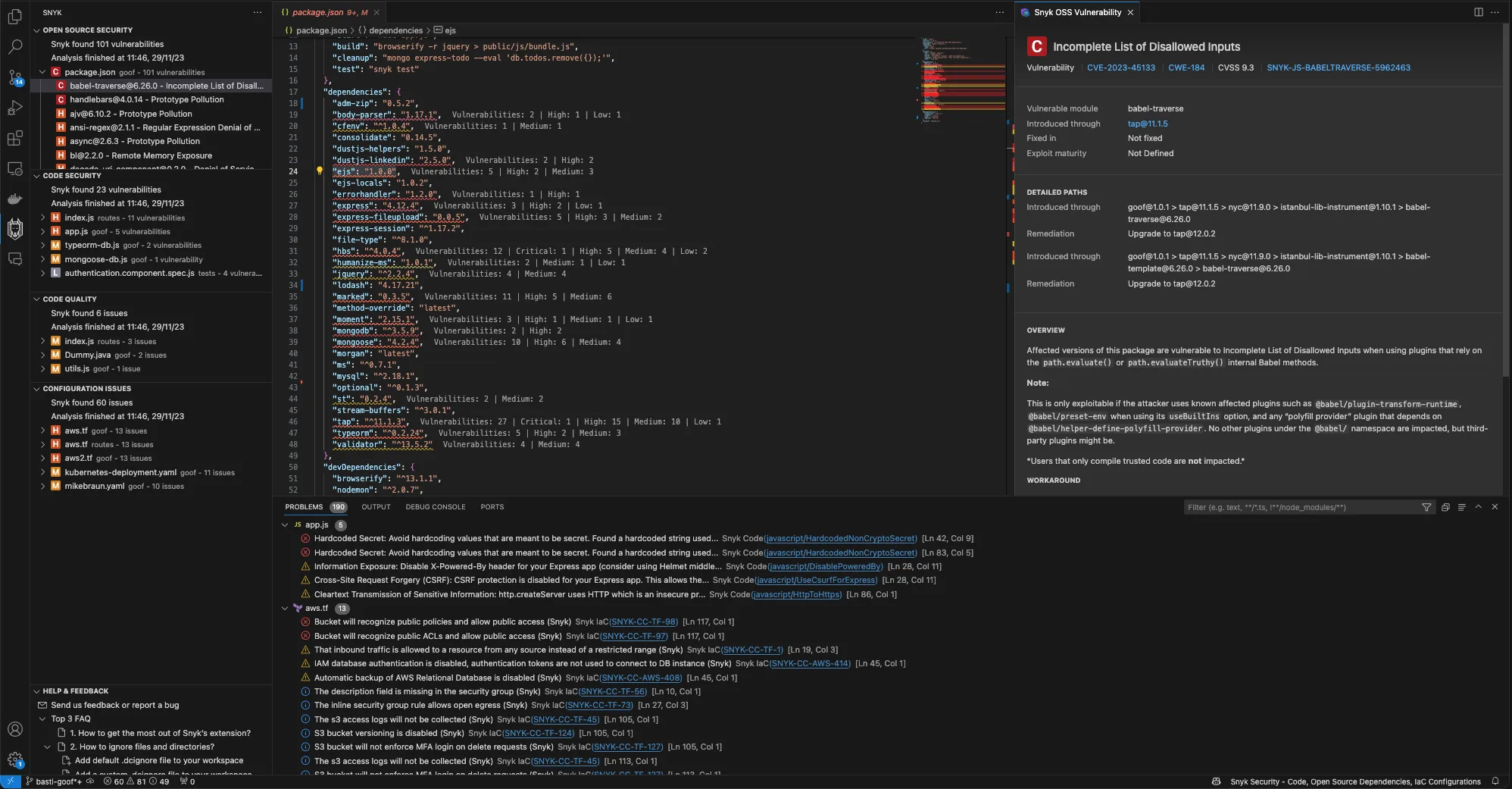 Snyk Open Source vulnerability detail view in VS Code showing vulnerability information, severity, and remediation guidance