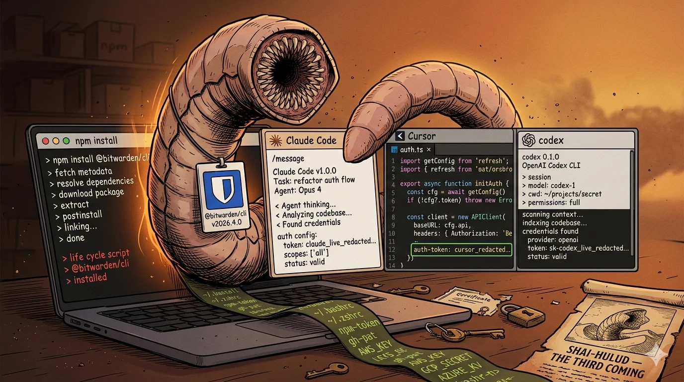 Hand-drawn editorial illustration of a Dune-style sandworm bursting up from an npm-install terminal on a developer's laptop, wearing a delivery-courier badge with the Bitwarden navy shield and @bitwarden/cli v2026.4.0, with Claude Code, Cursor, and OpenAI Codex windows tiled across the screen showing harvested auth tokens, a green code-text exfiltration ribbon spilling onto the desk, and a SHAI-HULUD โ The Third Coming parchment in the lower right