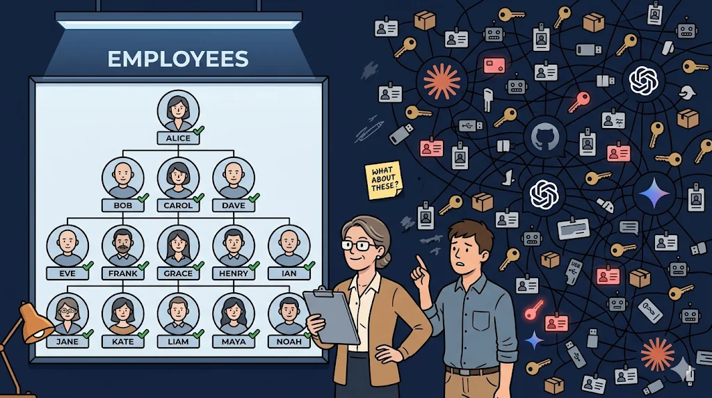 Office wall split in two: a tidy framed EMPLOYEES org chart on the left, a chaotic floor-to-ceiling network of keys, badges, tokens, and AI agent logos on the right. A proud admin faces the chart; a junior staffer points at the chaos.