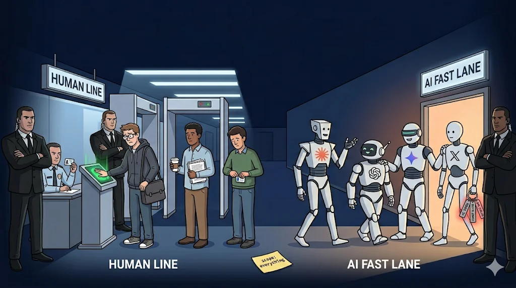 A security checkpoint with bodyguards scrutinizing developers in the Human Line, while AI agents with LLM logos walk freely through an unmonitored AI Fast Lane