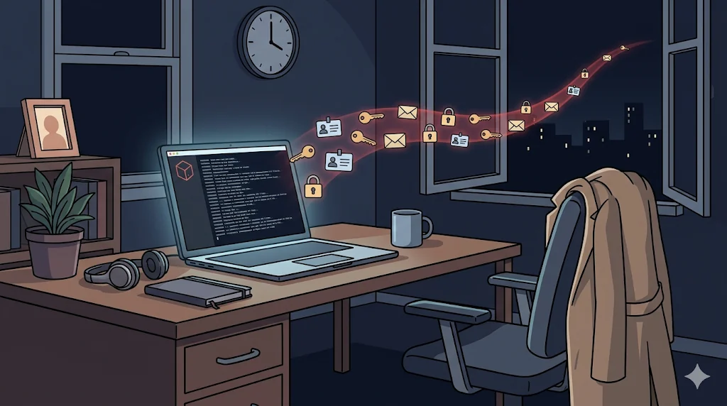 A developer home office at night. Empty chair with coat draped over it, cold mug on the desk. The laptop terminal glows with code as a stream of keys, ID cards, and envelopes flies out of the screen and exits through the open window into the dark night.