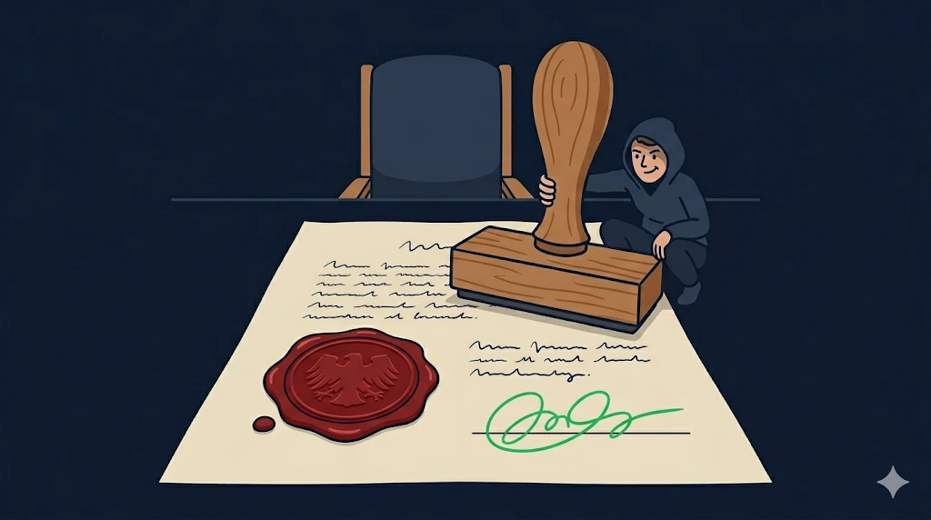 A notary press in close-up, stamping a forged document. The wax seal is perfectly formed; the handwriting underneath is in a different ink.