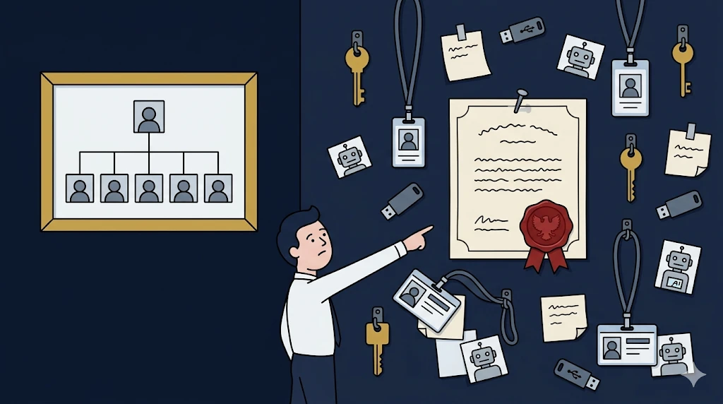 A wide office wall split in two, callback to last week&rsquo;s hero. On the left, a tidy framed EMPLOYEES org chart. On the right, the chaotic non-human identity wall — but now a new badge has been added: a wax-sealed PROVENANCE certificate, perfectly notarized, with the same ink as the forgeries on the floor.