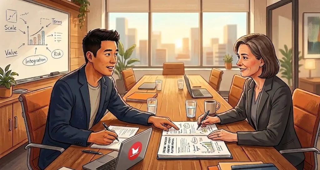 An early-stage security startup founder and an enterprise buyer lean over a printed proposal across a sunlit conference table, mid-deal, each reading the other.