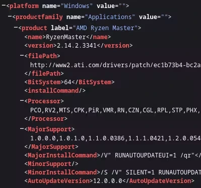 AMD Ryzen Master update configuration XML, showing the driver download filePath served over plain http://www2.ati.com instead of https.