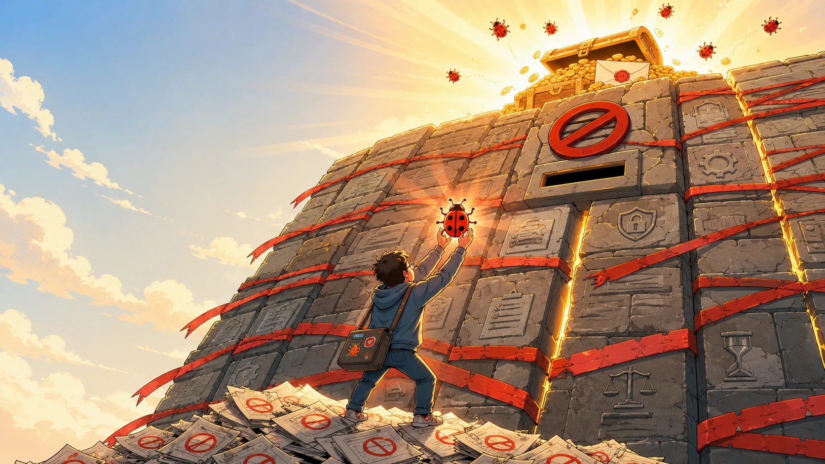 Low-angle view of a determined bug-bounty hunter at the foot of a towering wall of stone blocks carved with security icons and bound in red tape, reaching up toward a single glowing red bug; a heap of rejected reports lies at the base while the unreachable bounty, a treasure chest of gold and a wax-sealed envelope, glows at the wall's summit.