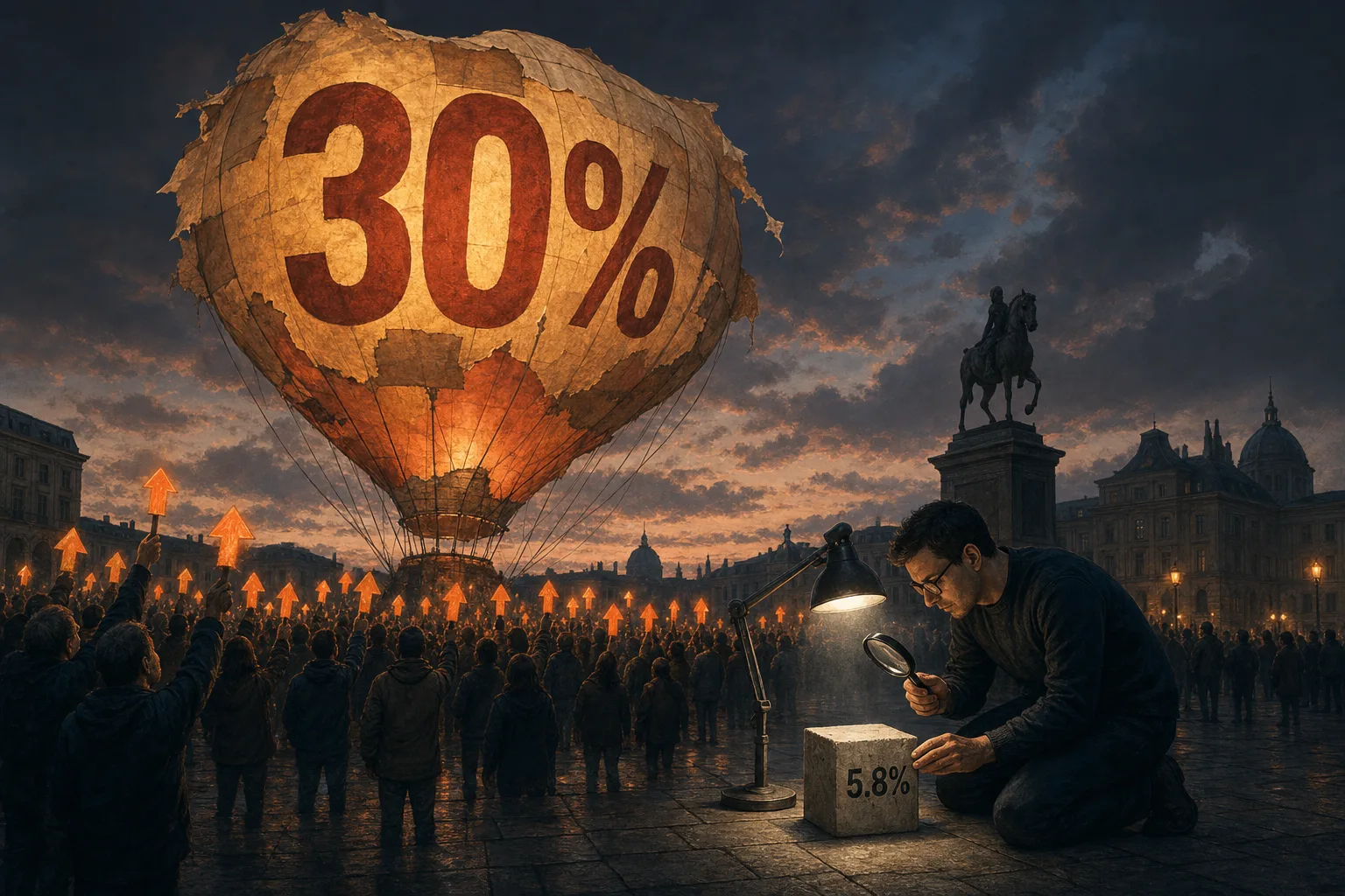 Dusk city square where a crowd holding glowing orange upvote arrows inflates an enormous patched paper balloon printed with a giant '30%', while one analyst kneels under a desk lamp with a magnifying glass, examining a small solid concrete cube stamped '5.8%'.