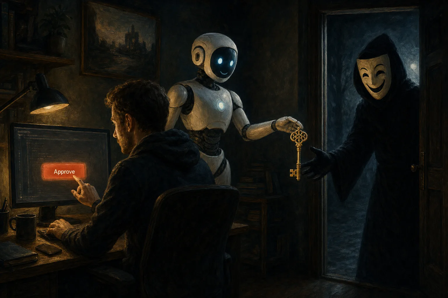 A developer at a dim desk clicks an Approve button, unaware that beside them a friendly smiling AI robot is handing a golden key to a cloaked intruder wearing a smiling mask in the doorway.