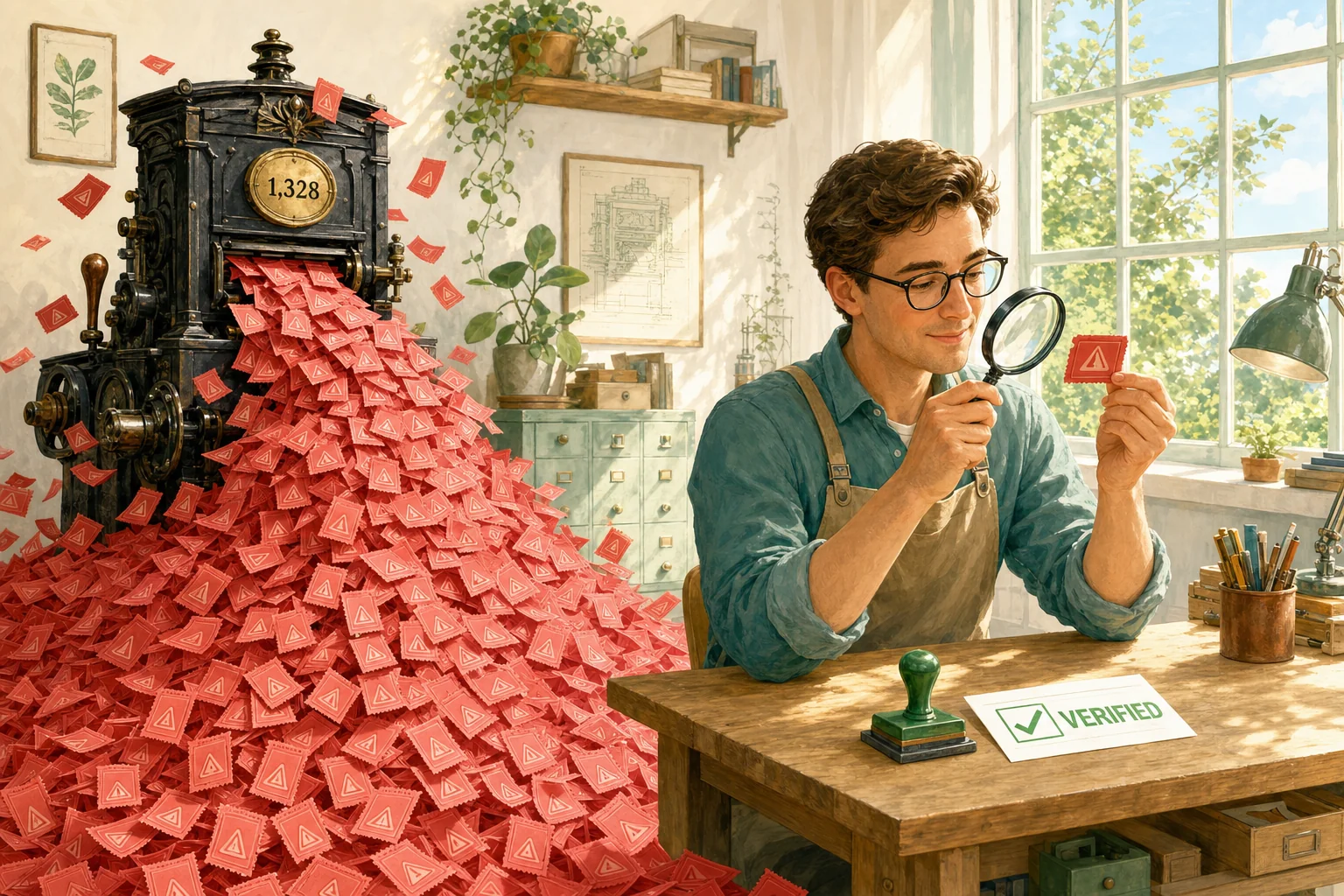 Bright painterly illustration of a sunlit studio. On the left an old cast-iron ticket machine with a brass dial reading 1,328 spews an enormous overflowing pile of identical red warning tickets across the floor. On the right, at a sunlit workbench, a calm engineer with glasses inspects a single red ticket through a magnifying glass beside a green stamp and a card marked VERIFIED with a green check.