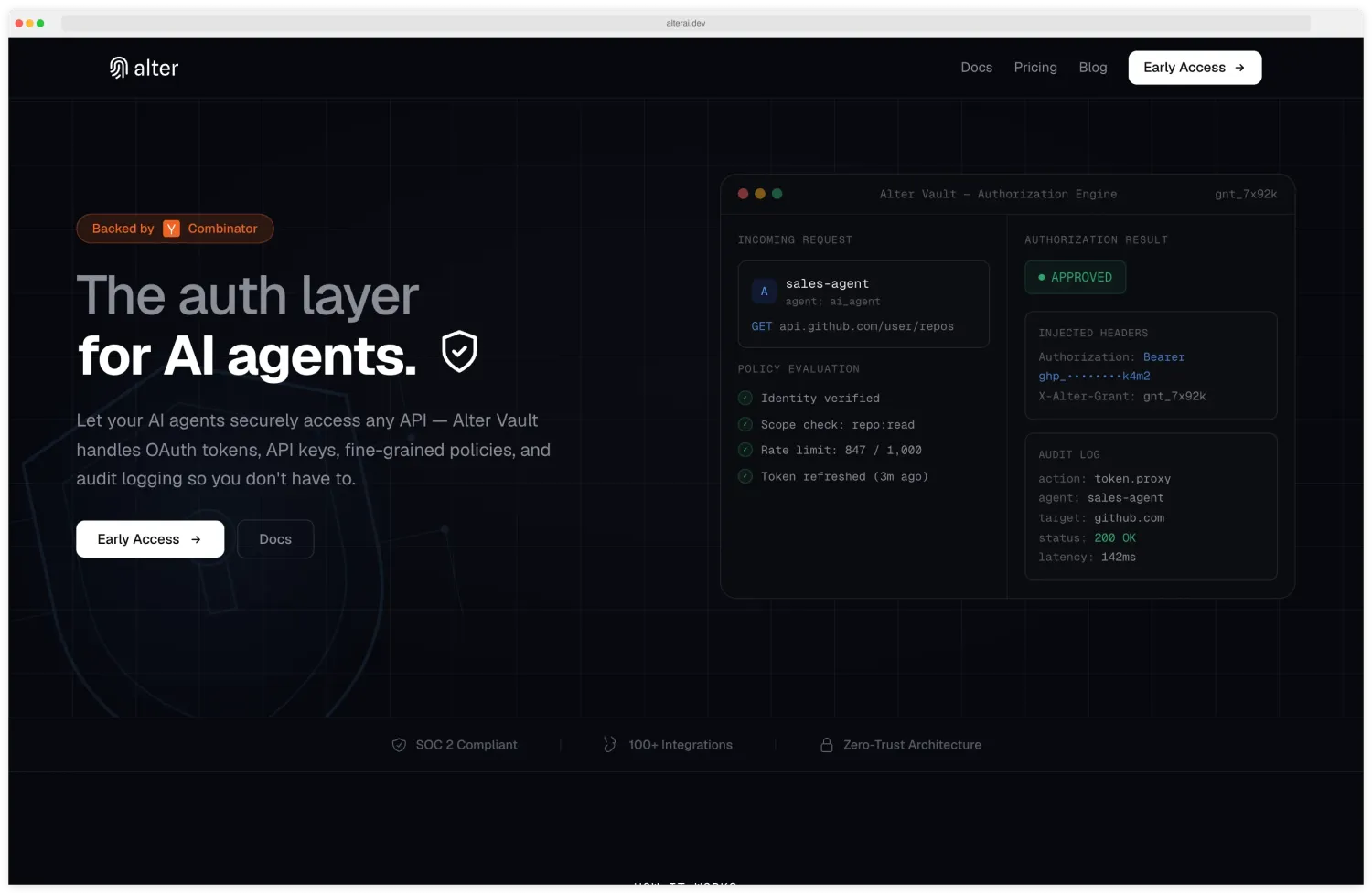 Alter AI hero page showing zero-trust access control for AI agents