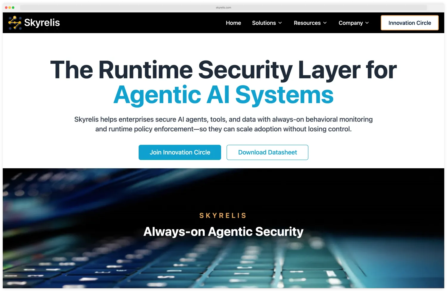 Skyrelis home page showing always-on security for LLM multi-agent workflows