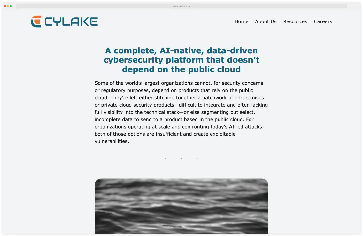 Cylake homepage showing AI-native cybersecurity with data sovereignty controls