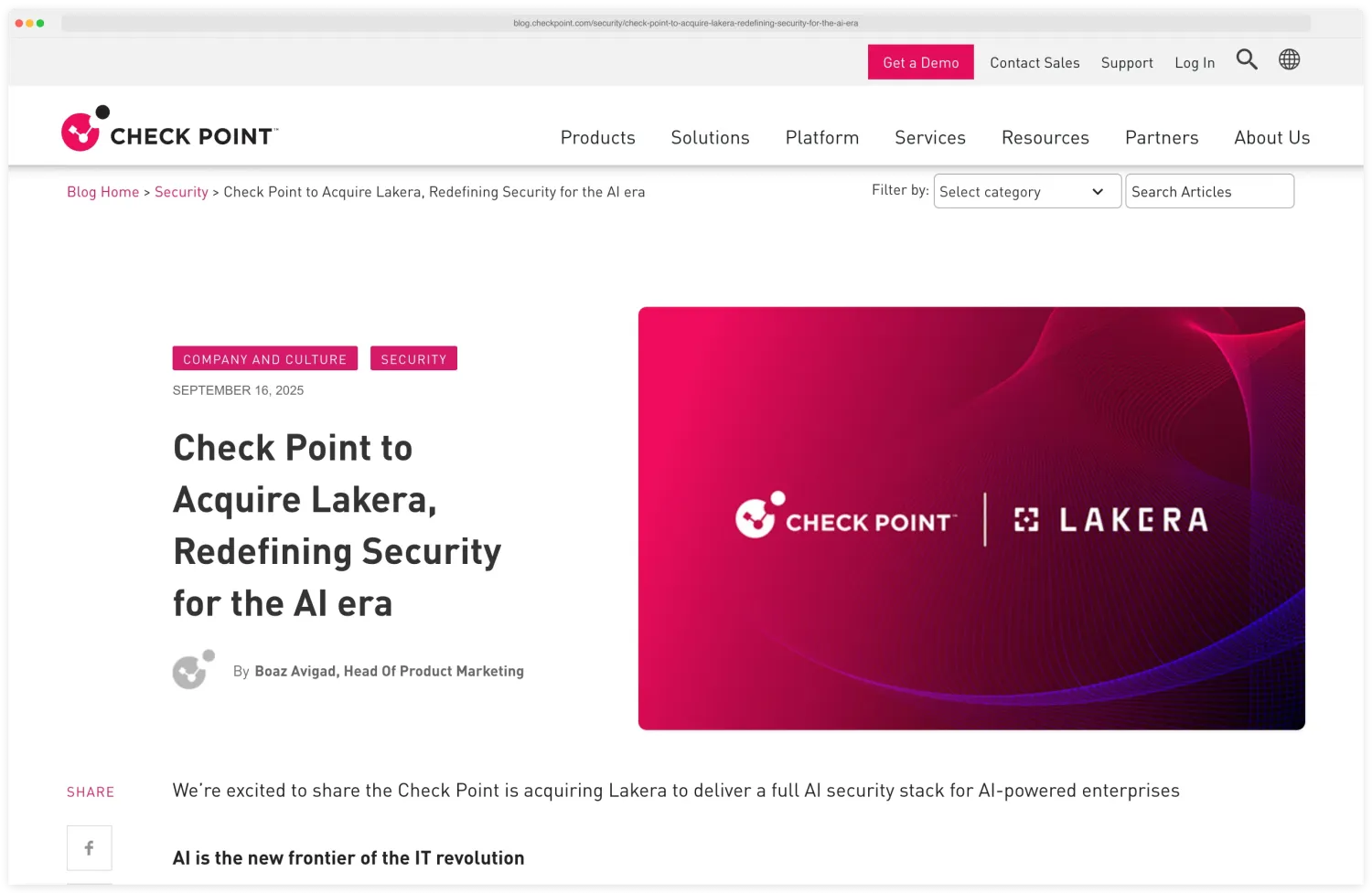 Check Point Software Technologies press release announcing its definitive agreement to acquire Lakera in September 2025