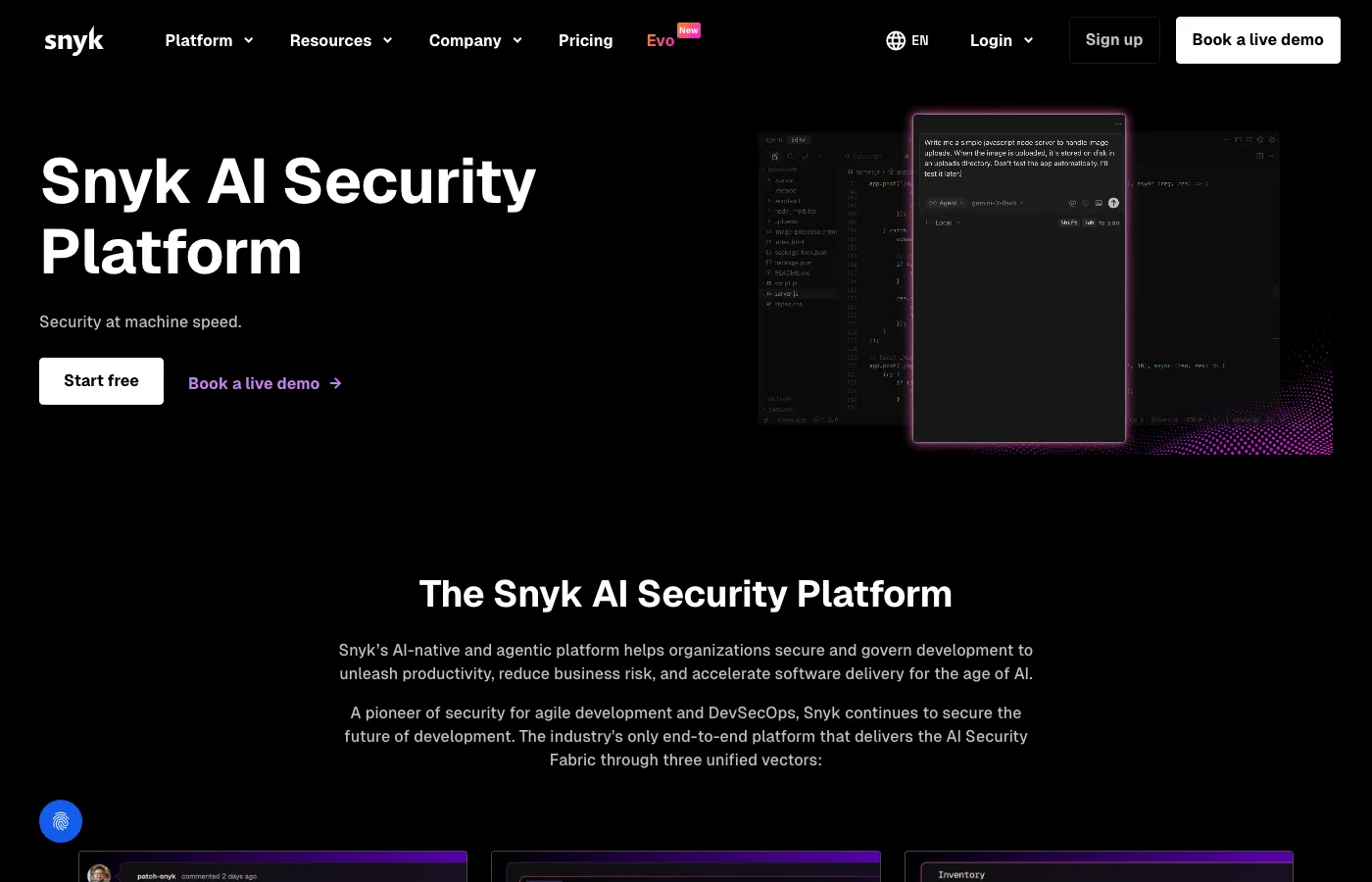 Snyk AI Security Platform product page showing the unified platform interface with code analysis and vulnerability scanning capabilities