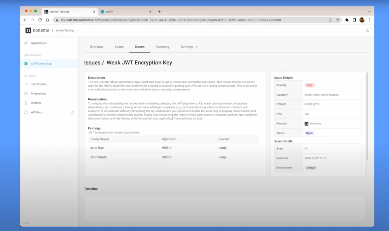 Akamai API Security (formerly Noname) issue detail page for a 'Weak JWT Encryption Key' finding — High severity, mapped to OWASP API #2:2019 Broken User Authentication, CWE-287, with description, remediation steps, and a Findings table listing the affected JWT tokens (token owners Jane Doe and John Smith, HS512 algorithm, secret 'cnapi') discovered during an active scan