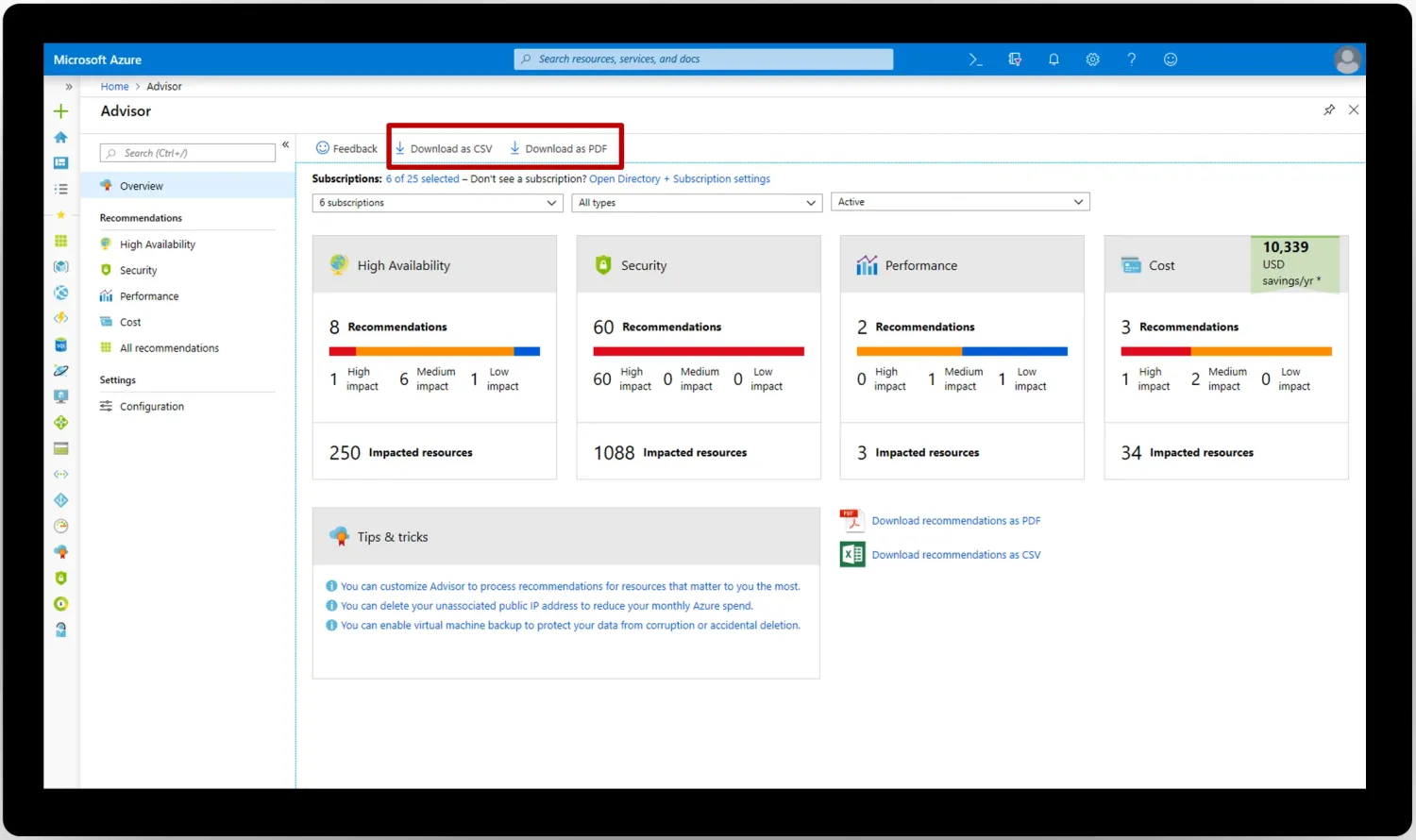 Azure Advisor dashboard showing Security pillar with 60 high-impact recommendations across 1088 impacted resources alongside cost and reliability recommendations