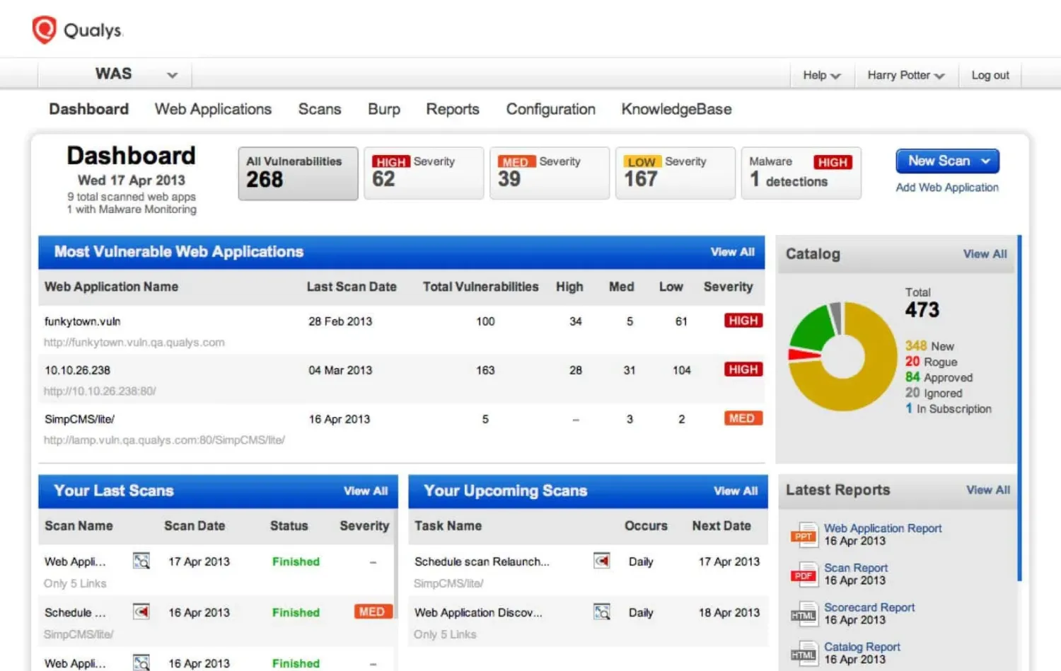 Qualys WAS dashboard showing 268 total vulnerabilities across 9 scanned web applications broken down by high, medium, and low severity