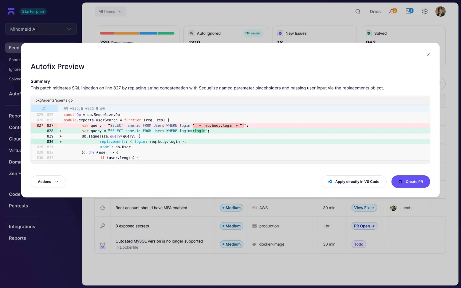 Aikido Security Autofix Preview generating a Sequelize SQL injection patch with named parameter placeholders, alongside the dashboard showing prioritised findings across cloud, code, and secrets