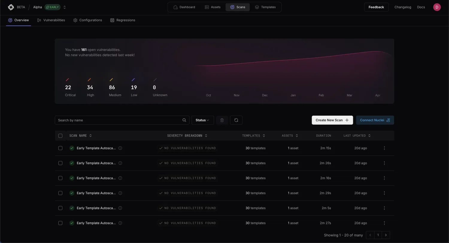 ProjectDiscovery cloud platform scan page showing Nuclei vulnerability scan results