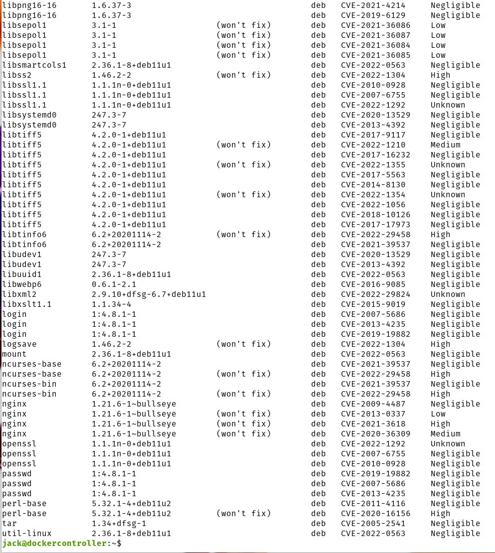 Grype terminal output listing CVE findings for container image packages with vulnerability IDs, package names, installed versions, fixed versions, and severity ratings