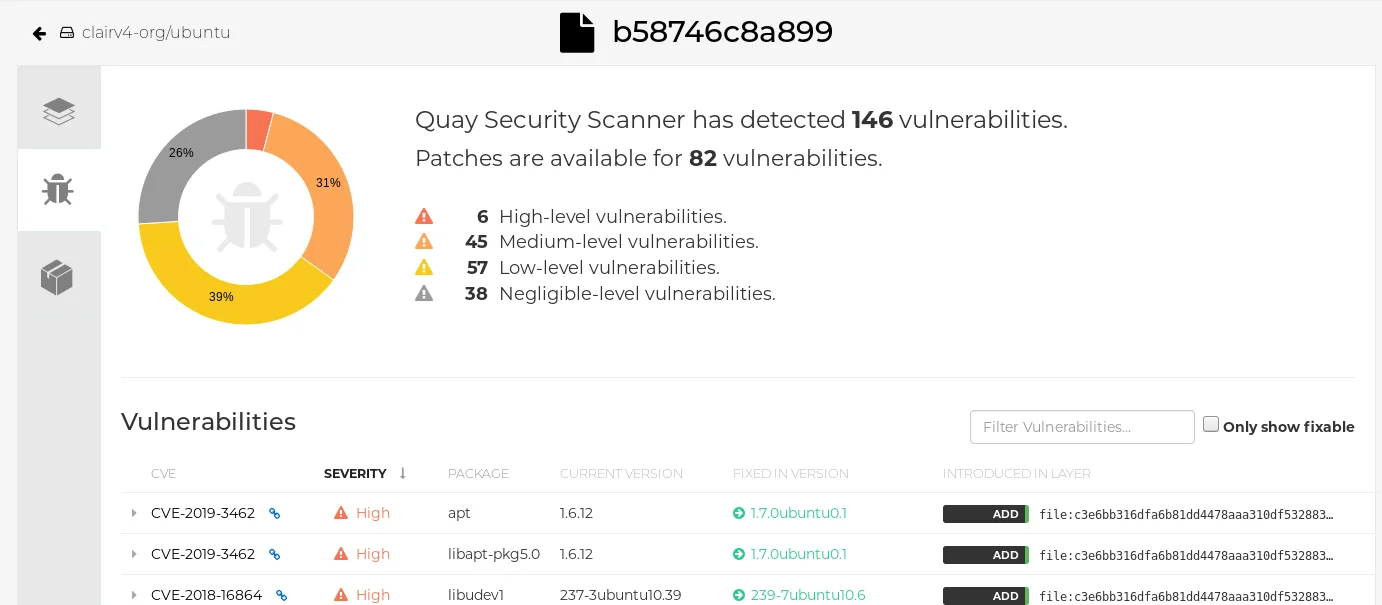 Clair vulnerability report in Quay Security Scanner showing 146 detected vulnerabilities with 82 patchable, broken down into 6 High, 45 Medium, 57 Low, and 38 Negligible with CVE list