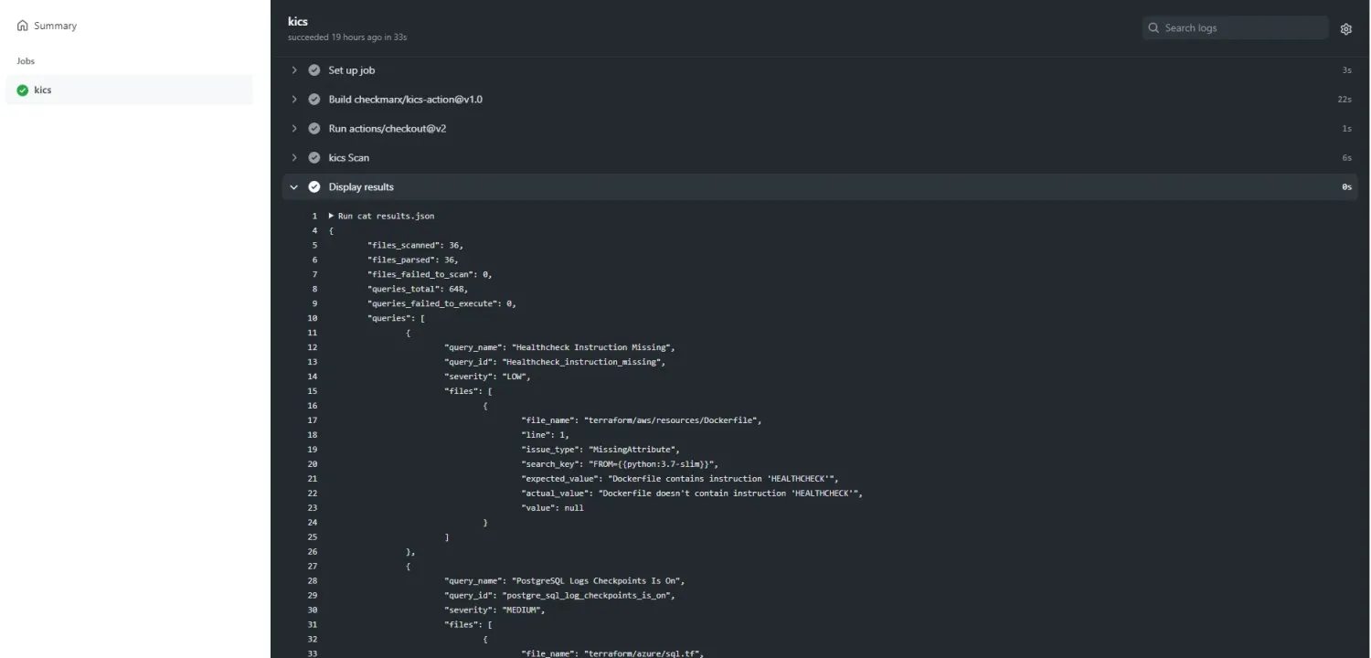 KICS GitHub Actions run output with scan summary JSON showing 648 queries executed against 36 Terraform and Dockerfile resources