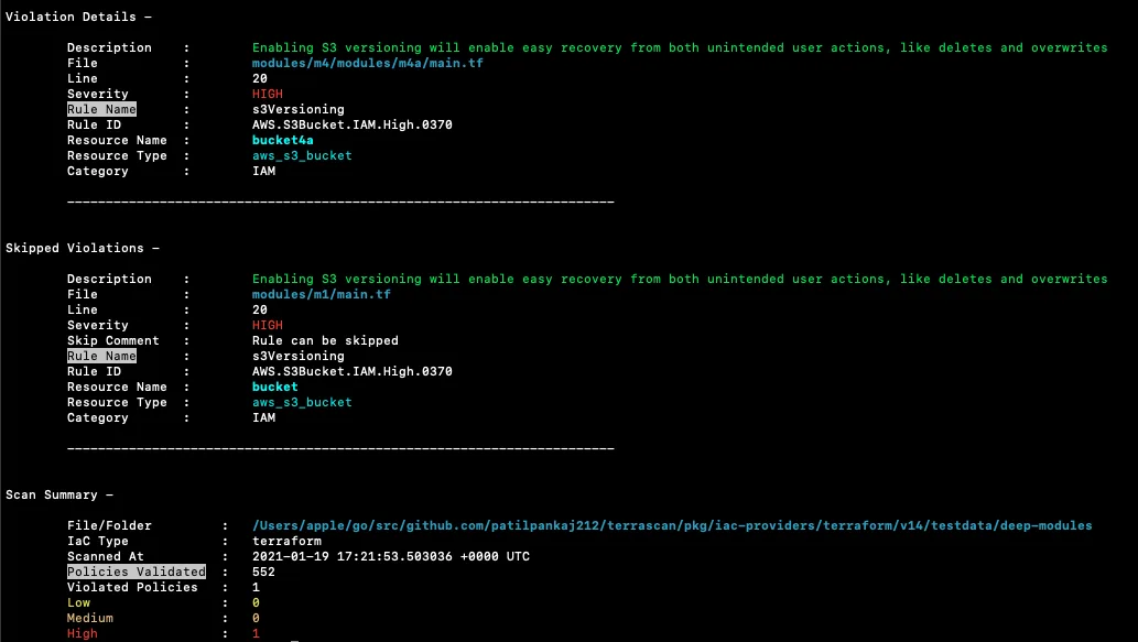 Terrascan violation details listing s3Versioning high-severity rules and scan summary with 552 policies validated on a Terraform tree