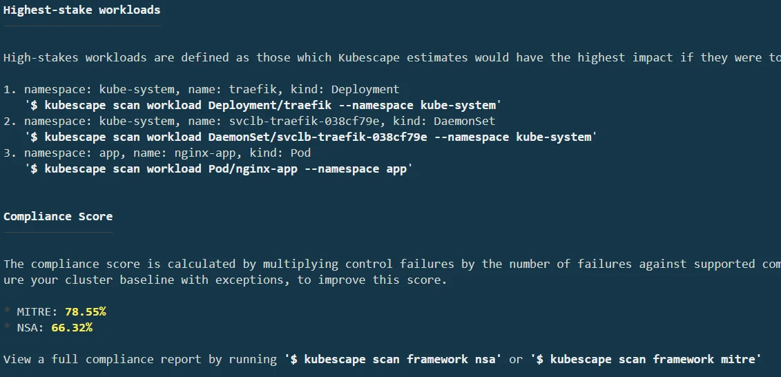 Kubescape CLI output listing highest-stake workloads and compliance scores against MITRE (78.55%) and NSA (66.32%) frameworks
